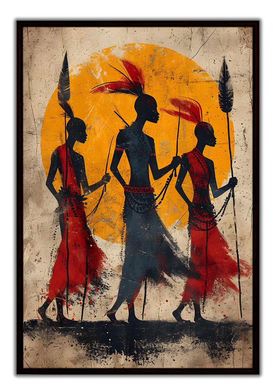 African Tribal Wall Art Canvas – Warrior Silhouette Painting, Ethnic Decor, Boho Wall Art Print, Modern African Art