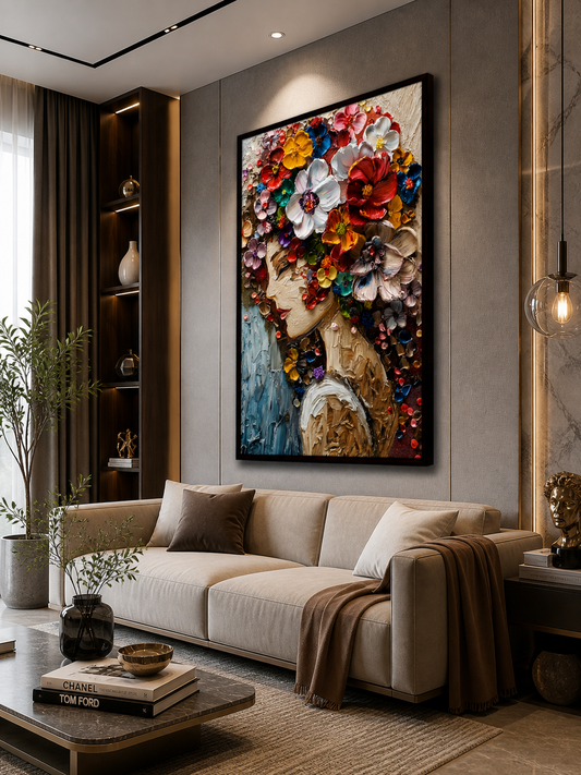 Abstract Woman Face Canvas Painting with Floral Texture | 3D Oil Effect Flower Art | Modern Aesthetic Wall Decor for Living Room, Bedroom & Office