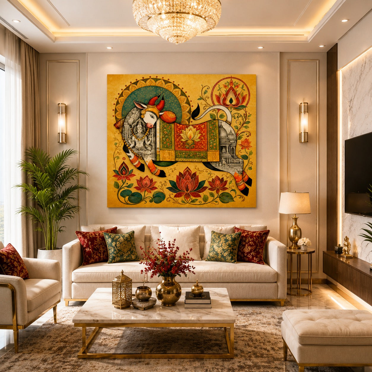 Geometric Nature-Inspired Canvas Stretched Divine Kamdhenu Cow Canvas Painting – Traditional Indian Spiritual Wall Art | Sacred Lotus & Temple Artwork for Bedroom & Living Room DecorFrame – Modern Wall Art for Home & Office