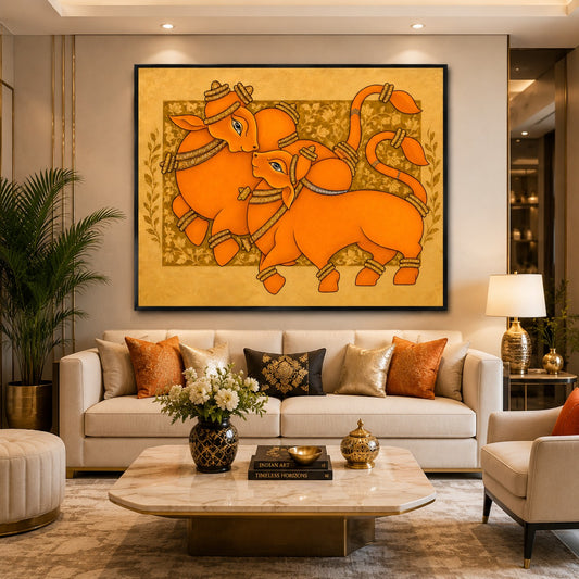 Mother & Calf Abstract Canvas Painting | Traditional Indian Animal Wall Art | Premium Orange Contemporary Decor
