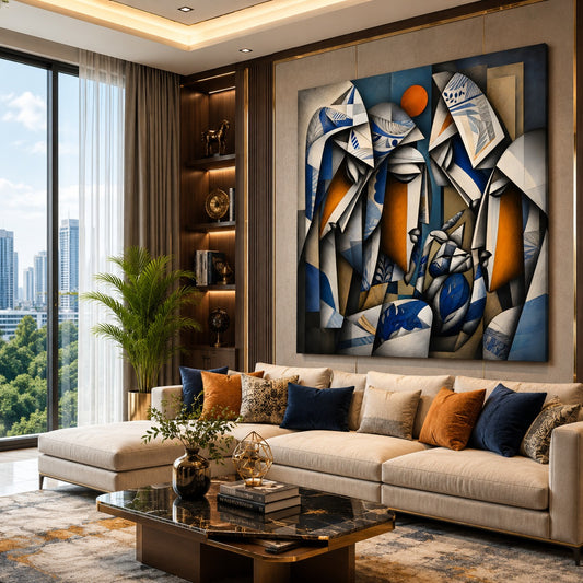 Modern Abstract Family Canvas Painting – Contemporary Geometric Wall Art | Luxury Blue & Gold Artwork for Office, Living Room & Home Decor