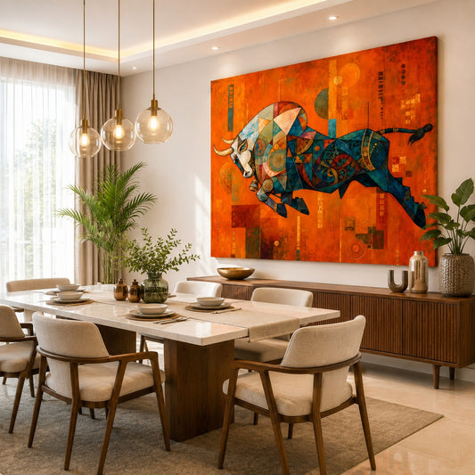 Abstract Geometric Bull Canvas Painting – Modern Luxury Wall Art for Living Room, Dining Room & Office Decor