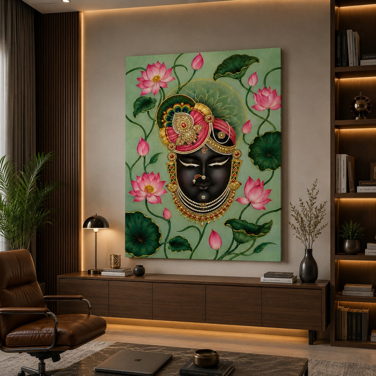 Decor Daddy Premium Shrinathji Krishna Canvas Wall Painting | Spiritual Lotus Wall Art for Home, Office & Temple Decor