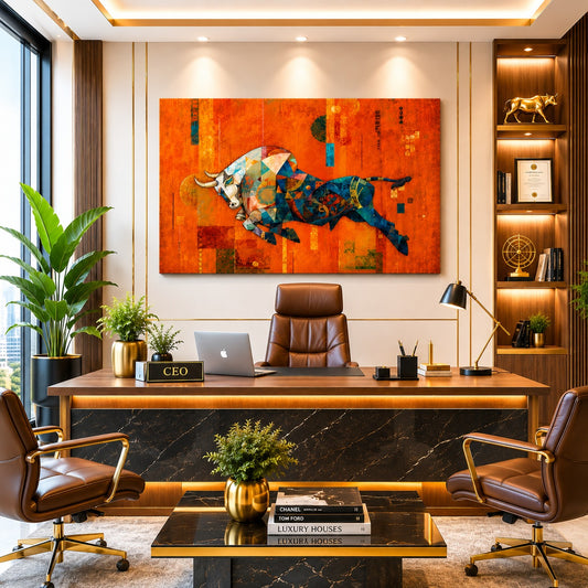 Abstract Geometric Bull Canvas Painting – Modern Luxury Wall Art for Living Room, Dining Room & Office Decor