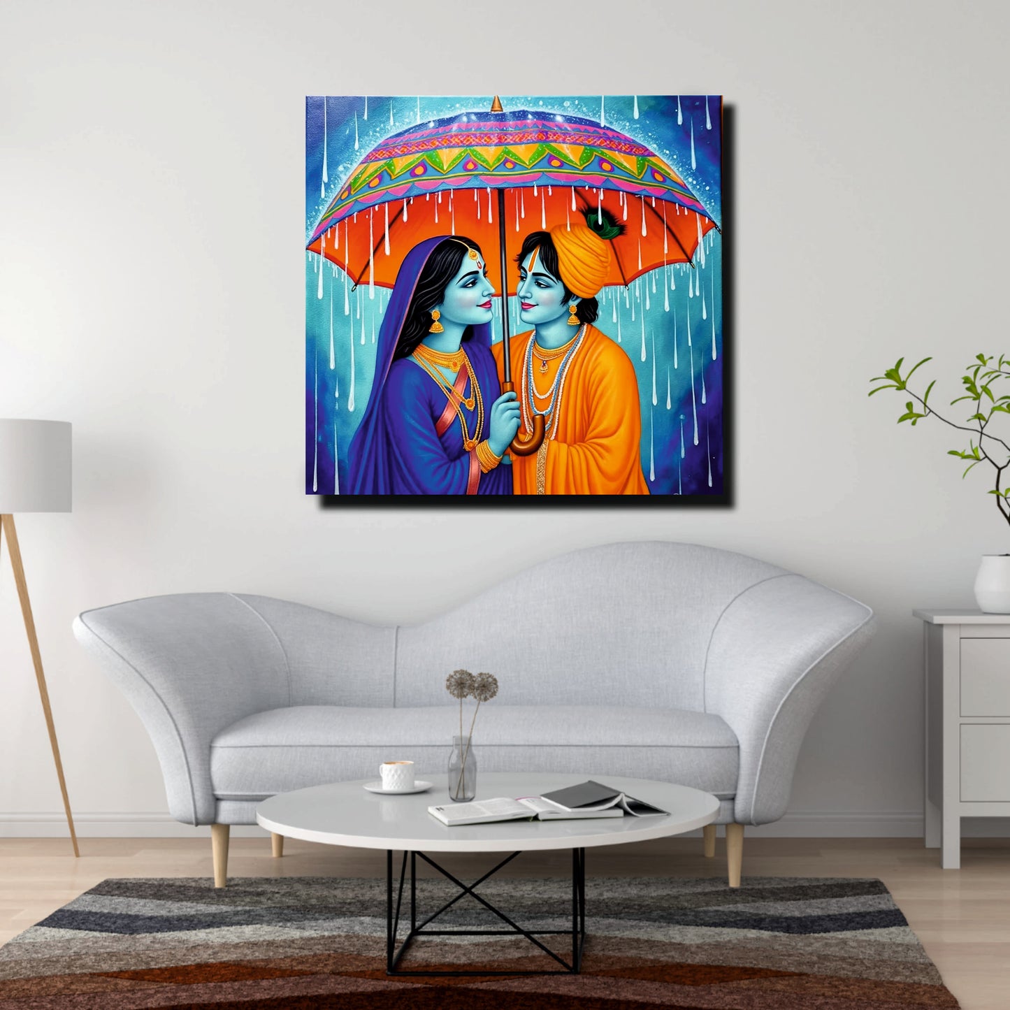 Radha Krishna in Rain – Eternal Love Canvas Wall Art Stretched Frame Painting