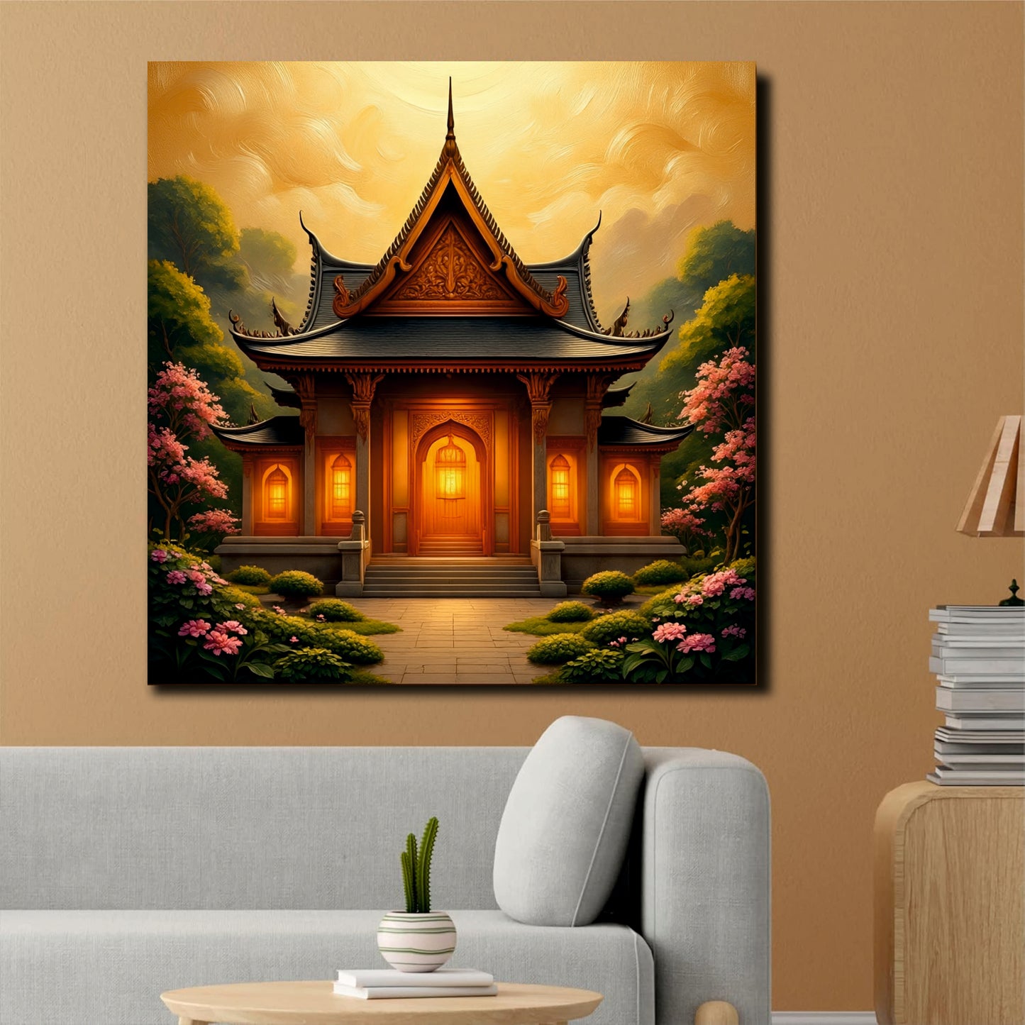 Golden Hour at the Temple Canvas Wall Art Stretched Frame Painting