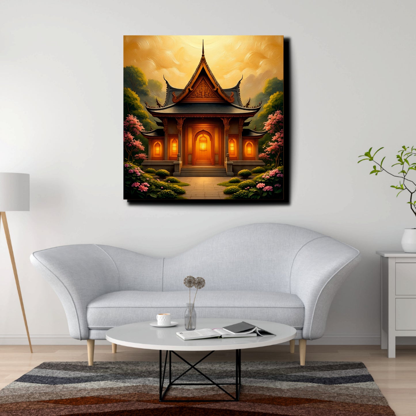 Golden Hour at the Temple Canvas Wall Art Stretched Frame Painting