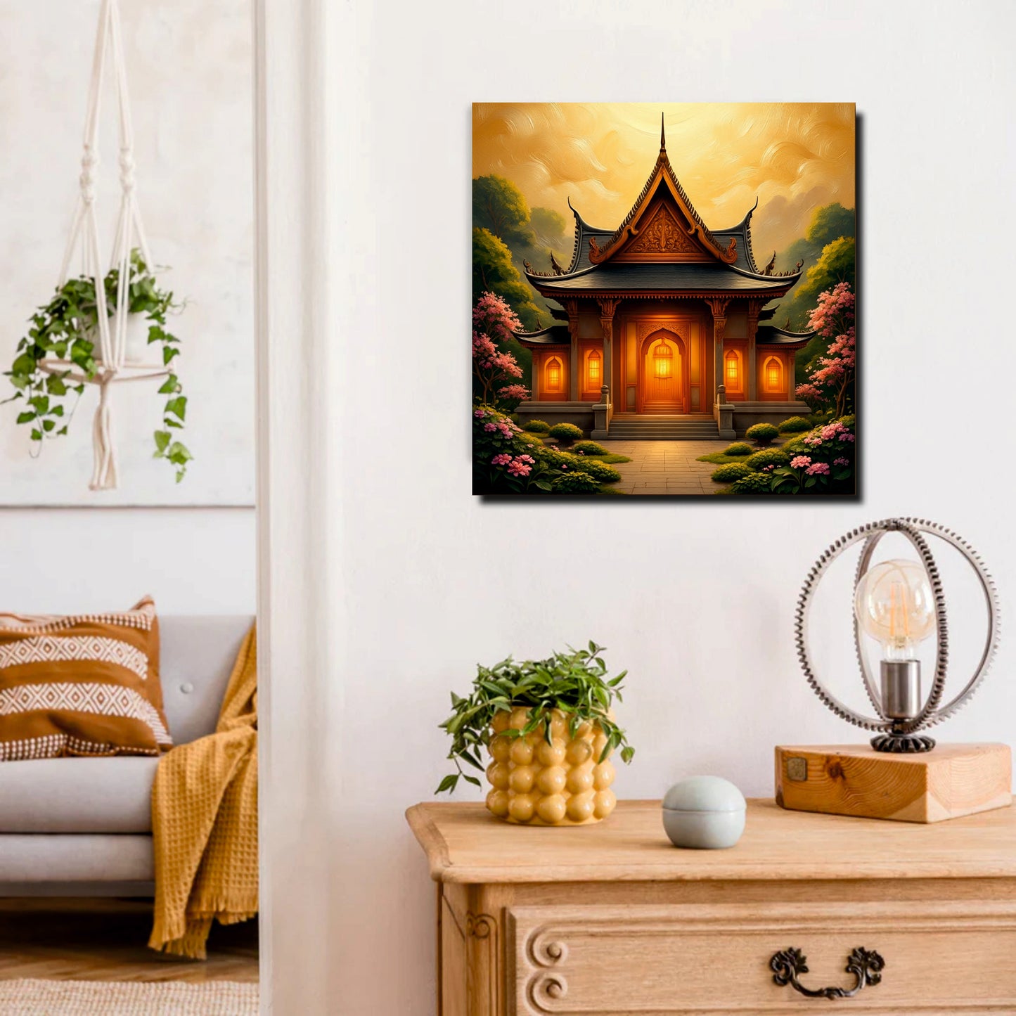 Golden Hour at the Temple Canvas Wall Art Stretched Frame Painting