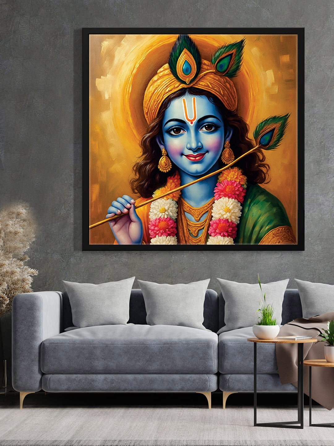 Shri Krishna Digital Canvas Black Frame Painting – Vibrant Devotional Wall Décor