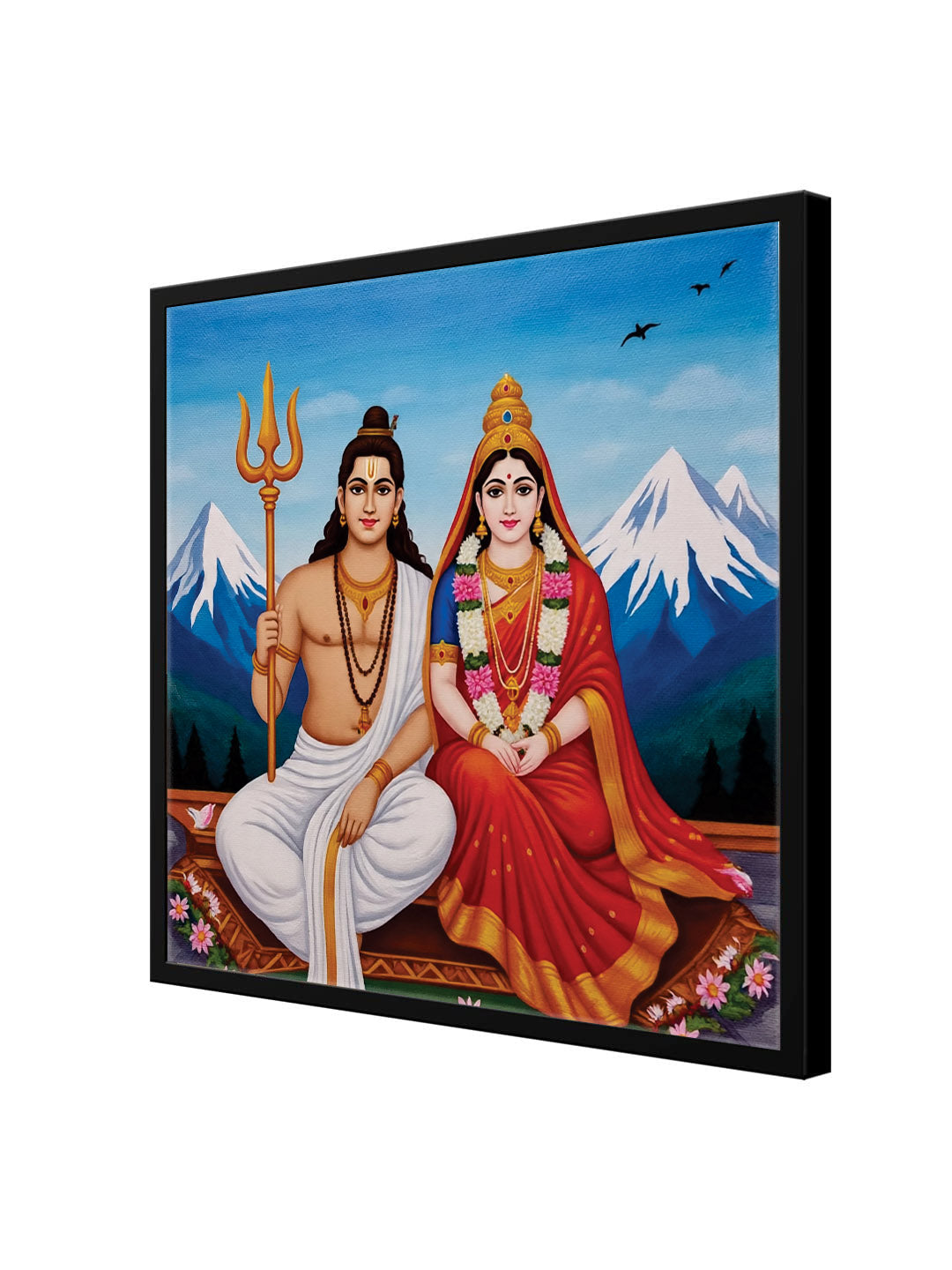 Blessings of Lord Shiva & Maa Parvati – Spiritual Décor Canvas Wall Art Black Frame Painting