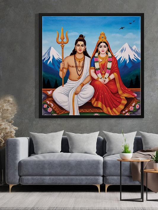 Blessings of Lord Shiva & Maa Parvati – Spiritual Décor Canvas Wall Art Black Frame Painting