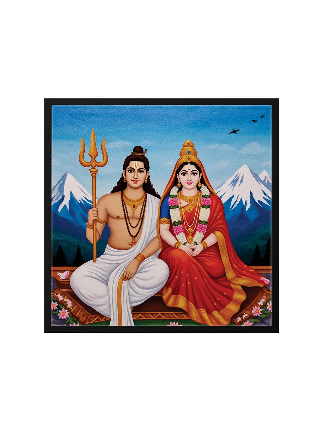 Blessings of Lord Shiva & Maa Parvati – Spiritual Décor Canvas Wall Art Black Frame Painting