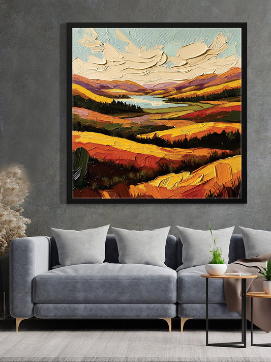 Sun-Kissed Mountain Canvas Black Frame Art – Bright & Lively Wall Décor