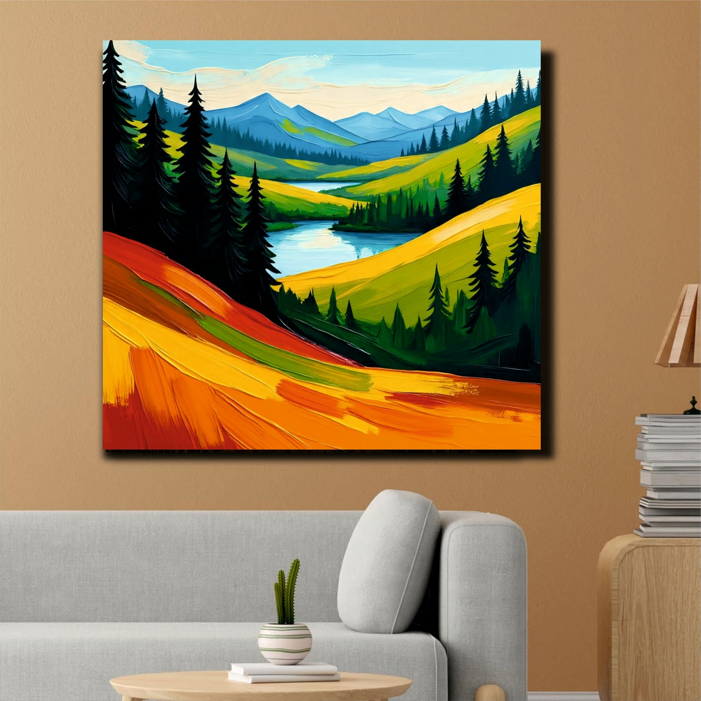 Golden Sunset Mountain Canvas Wall Art Stretched Frame – Vibrant Landscape Painting