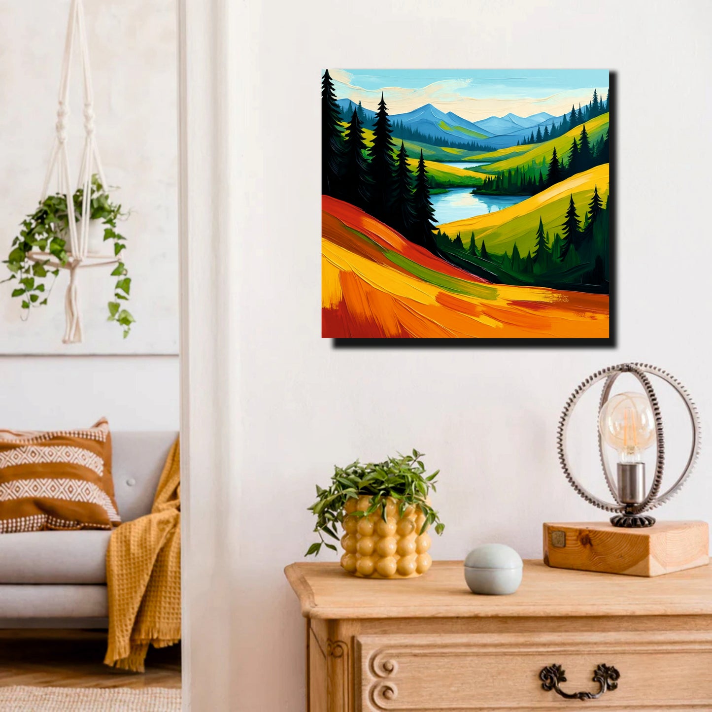 Golden Sunset Mountain Canvas Wall Art Stretched Frame – Vibrant Landscape Painting