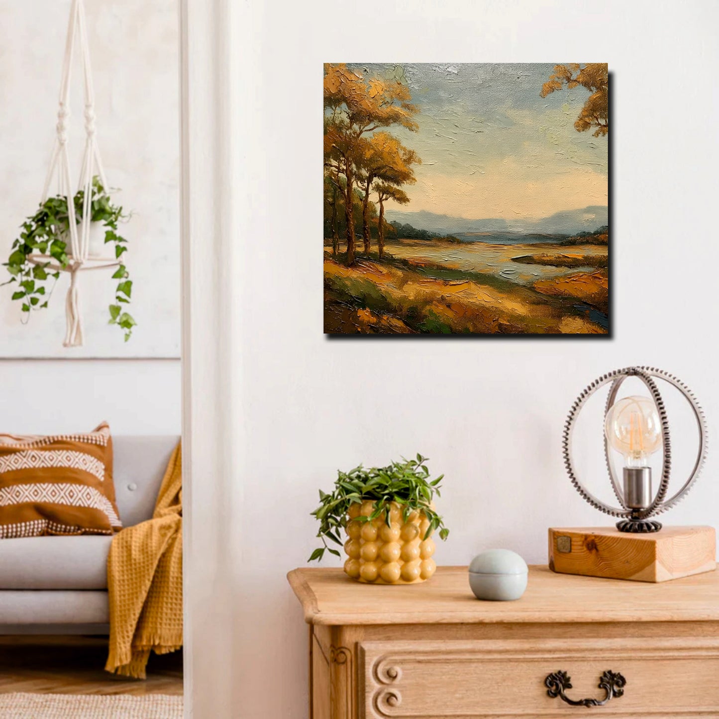 Sunrise Over Hills Canvas Stretched Frame Painting – Scenic Landscape Wall Art