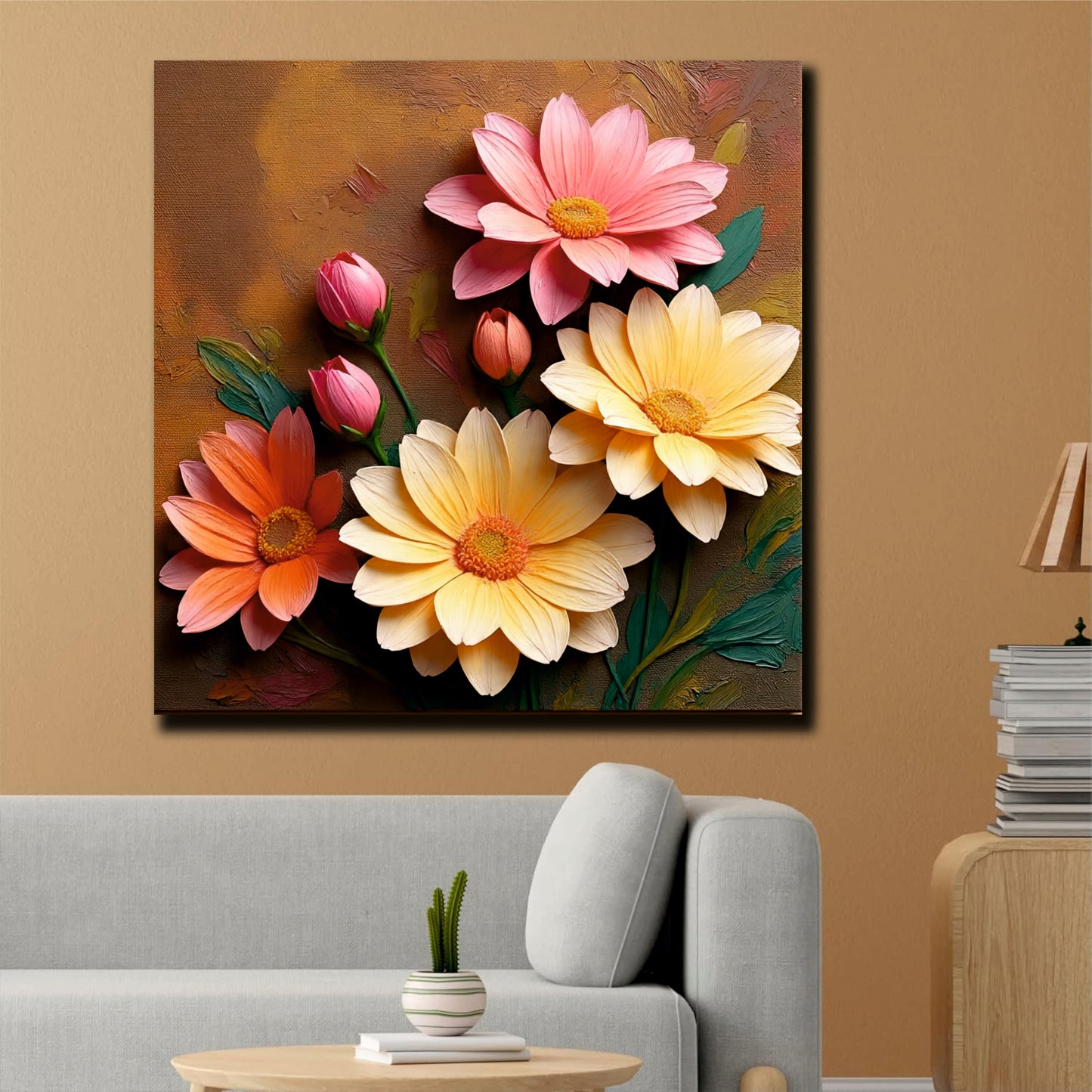 Rustic Floral Canvas Wall Art Stretched Frame – Hand-Painted Aesthetic Flowers