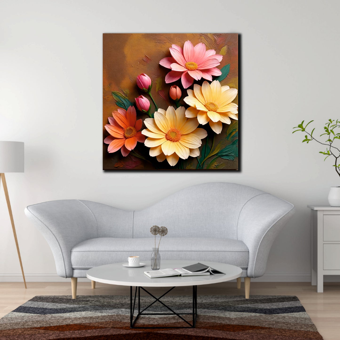Rustic Floral Canvas Wall Art Stretched Frame – Hand-Painted Aesthetic Flowers