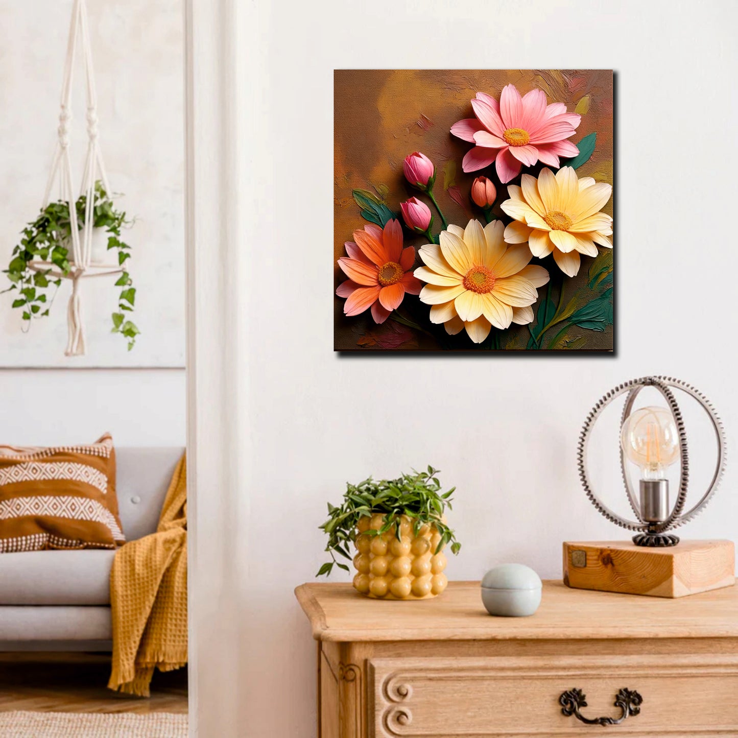 Rustic Floral Canvas Wall Art Stretched Frame – Hand-Painted Aesthetic Flowers