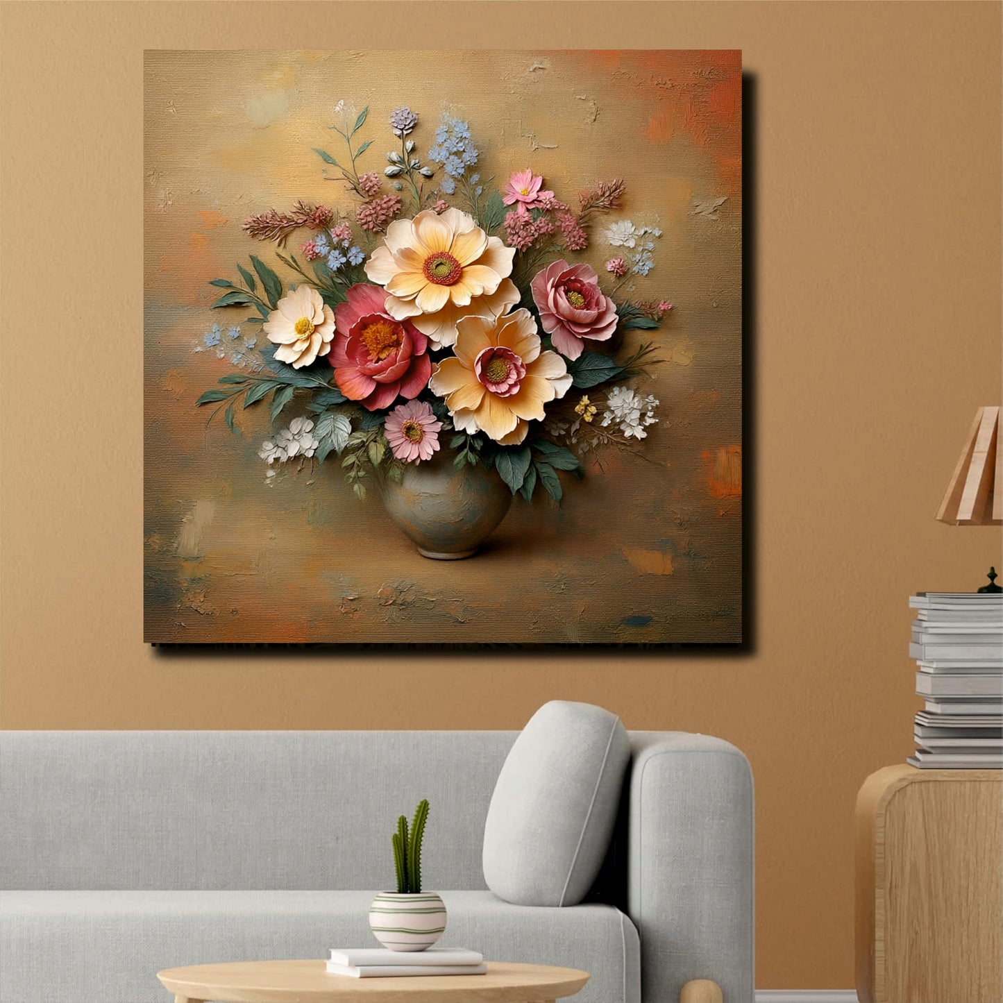 Rustic Floral Texture Canvas Stretched Frame Wall Decor – Handcrafted Artistic Painting