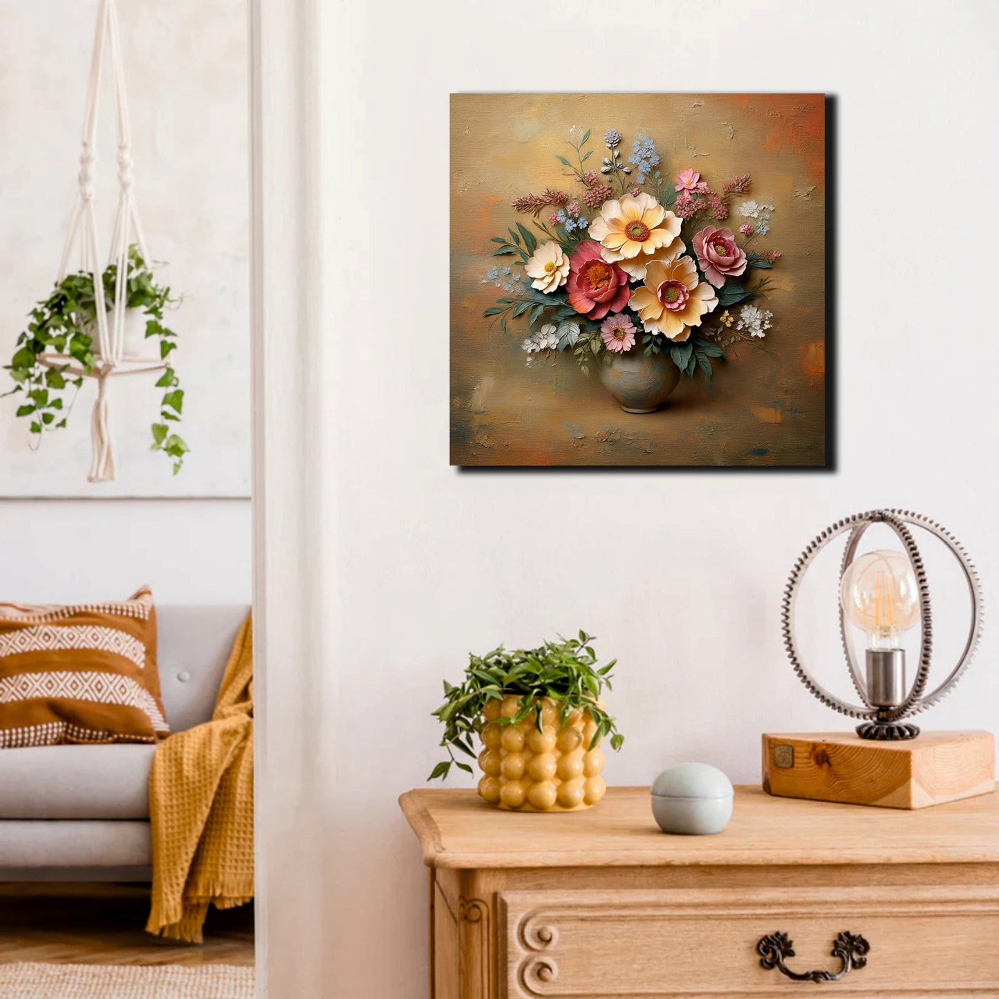 Rustic Floral Texture Canvas Stretched Frame Wall Decor – Handcrafted Artistic Painting