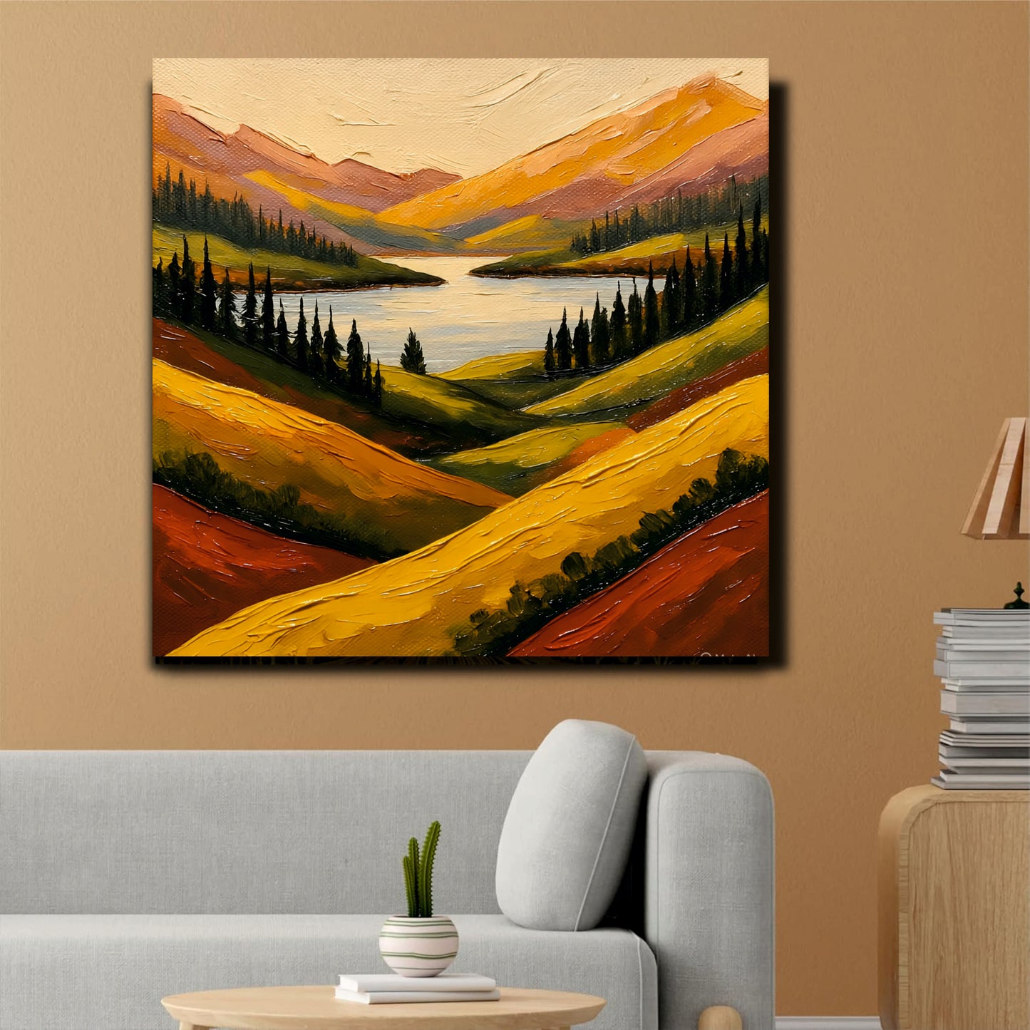 Peaceful Valley & Mountain Canvas Wall Art Stretched Frame – Rustic Modern Home Accent