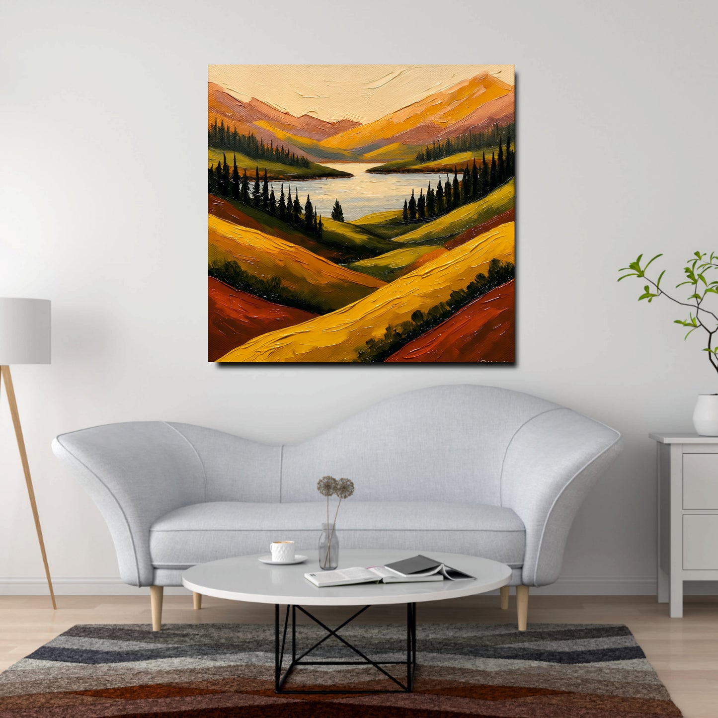 Peaceful Valley & Mountain Canvas Wall Art Stretched Frame – Rustic Modern Home Accent