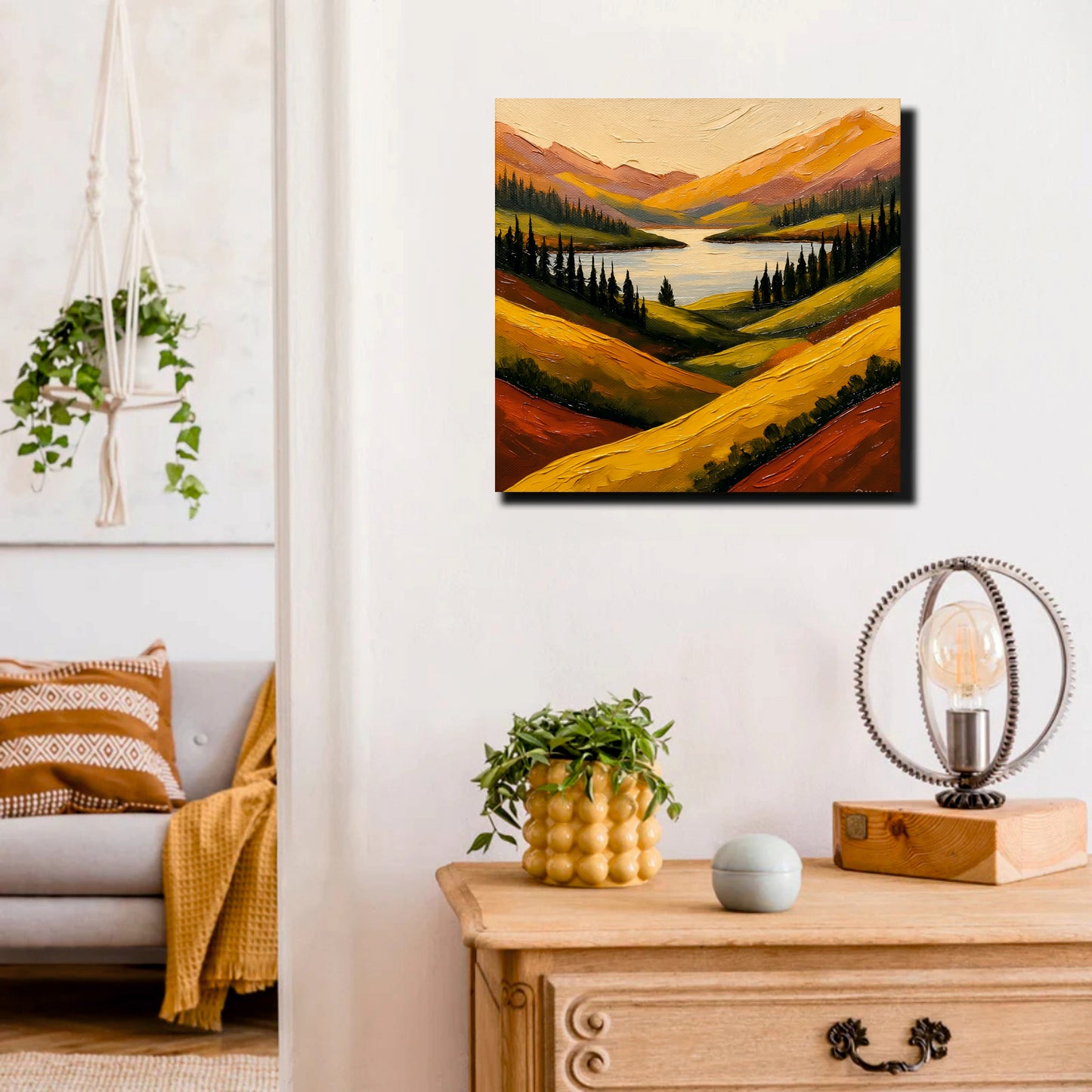 Peaceful Valley & Mountain Canvas Wall Art Stretched Frame – Rustic Modern Home Accent