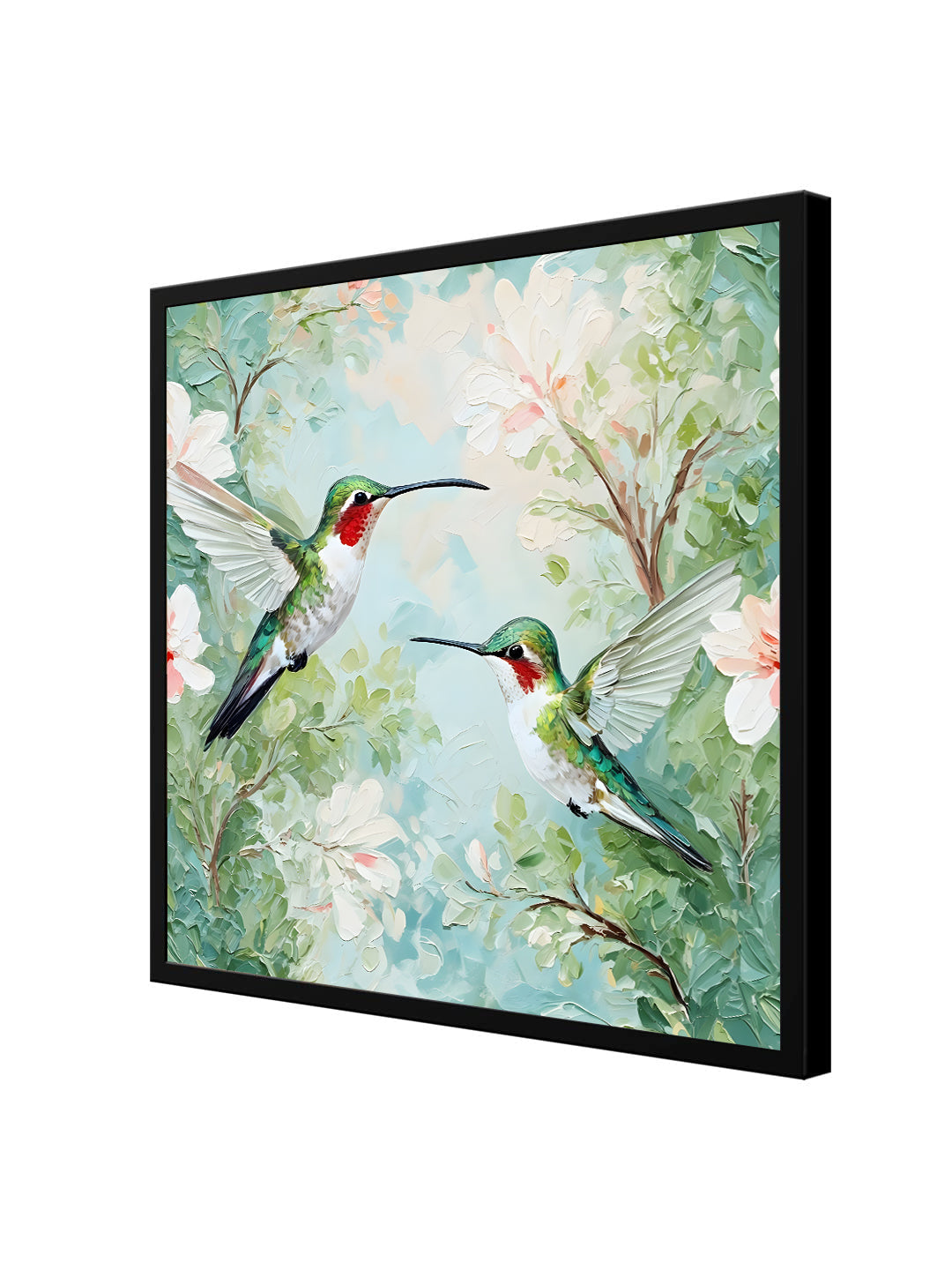 Blissful Hummingbirds – Hand-Painted Floral Canvas Wall Art Black Frame Painting