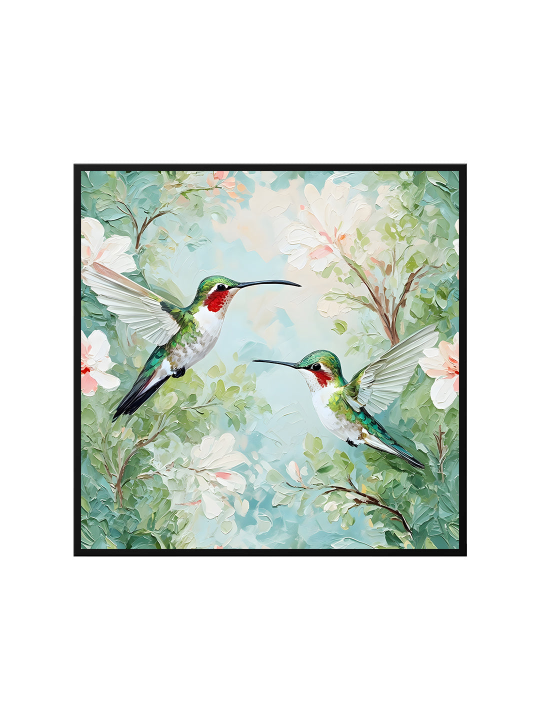 Blissful Hummingbirds – Hand-Painted Floral Canvas Wall Art Black Frame Painting