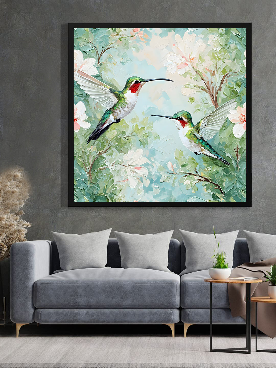 Blissful Hummingbirds – Hand-Painted Floral Canvas Wall Art Black Frame Painting