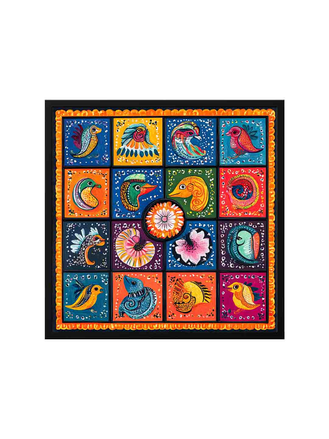 Colorful Folk Bird Canvas Painting | Traditional Indian Art Wall Decor Multicolor Square Frame | Premium Ready to Hang Wall Art | Decor Daddy
