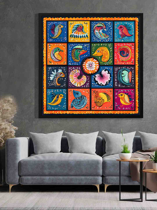 Vibrant Folk Art – Multicolor Abstract Canvas Wall Art Black Painting