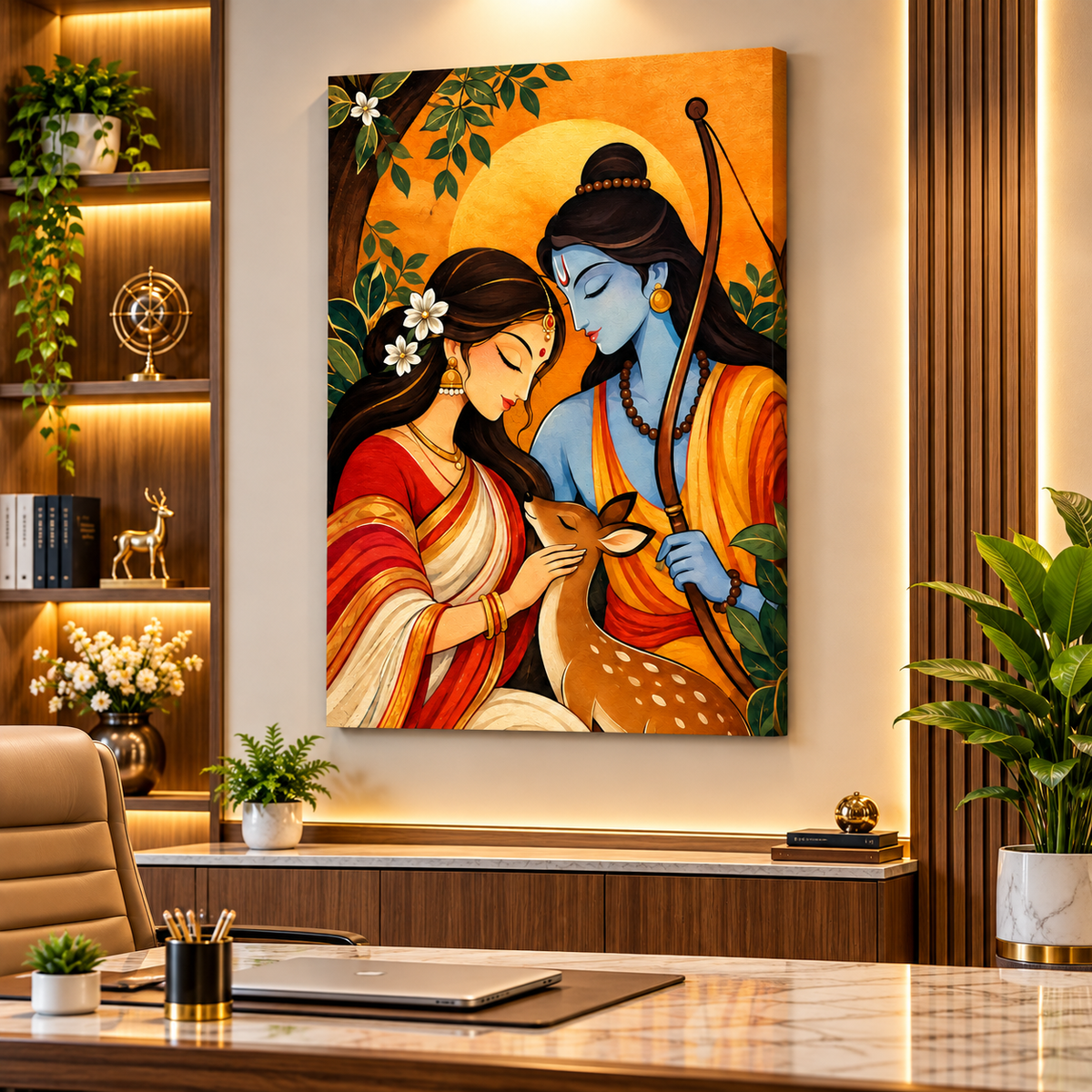 Ram Sita Canvas Wall Painting | Traditional Indian Religious Wall Art for Home & Office Decor
