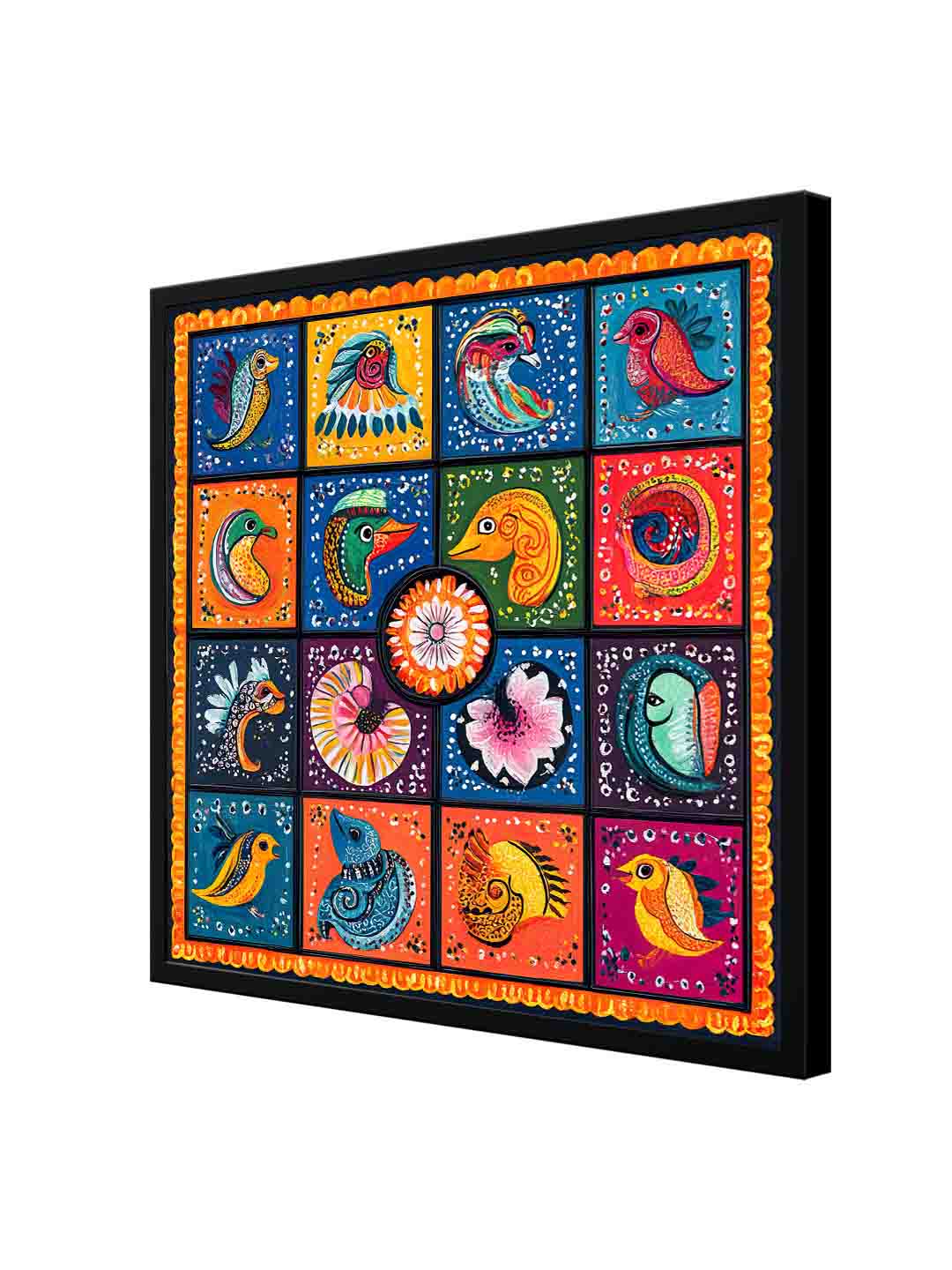Colorful Folk Bird Canvas Painting | Traditional Indian Art Wall Decor Multicolor Square Frame | Premium Ready to Hang Wall Art | Decor Daddy