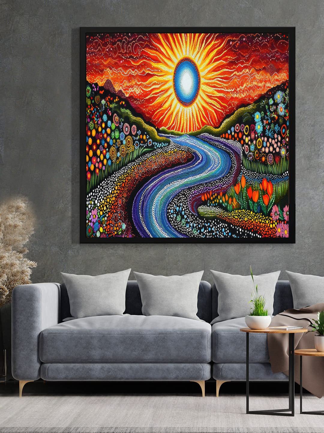Flow of Life – Abstract Sun & Nature Canvas Wall Art Black Painting