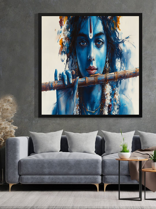 Divine Melody – Lord Krishna Canvas Wall Art Black Frame Painting