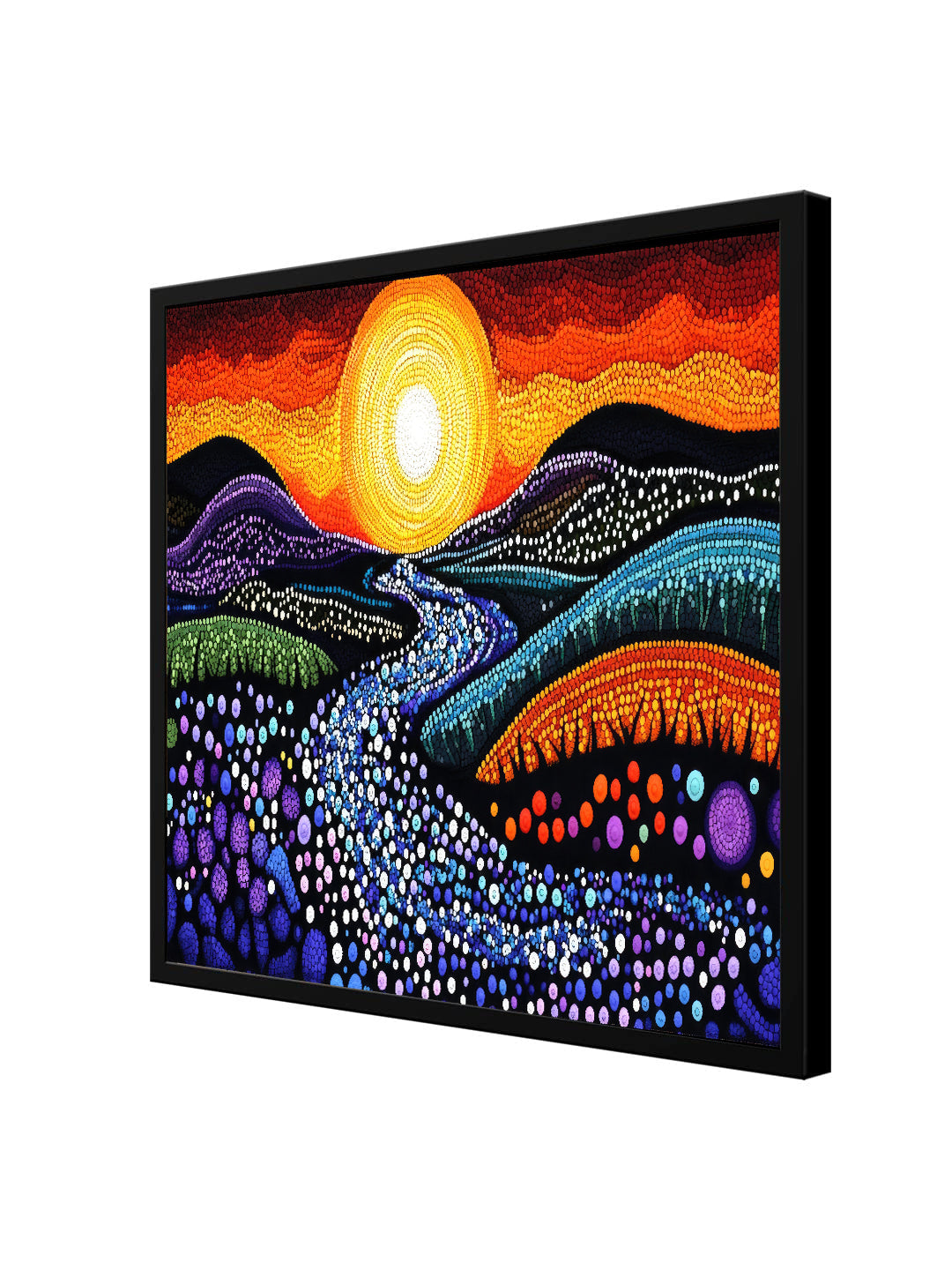 Radiant Dawn – Artistic River and Sun Canvas Wall Art Black Frame Painting