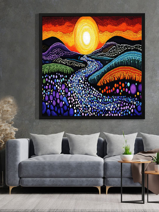 Radiant Dawn – Artistic River and Sun Canvas Wall Art Black Frame Painting
