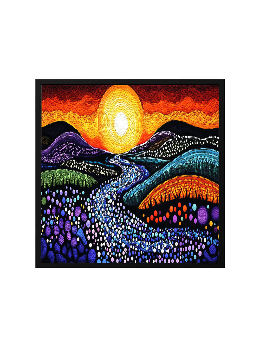 Radiant Dawn – Artistic River and Sun Canvas Wall Art Black Frame Painting