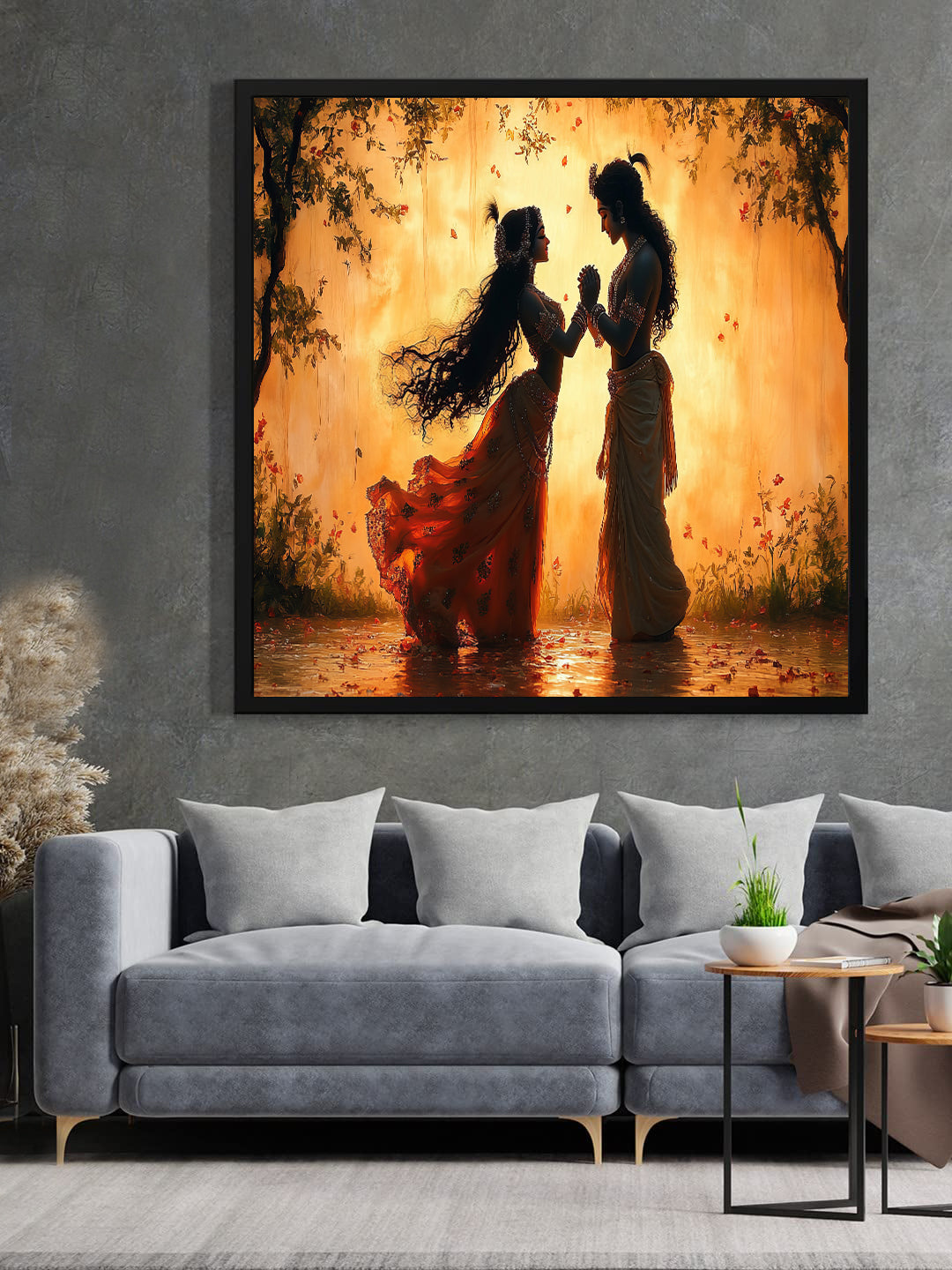 Eternal Bond – Radha Krishna Spiritual Canvas Wall Art Black Frame Painting