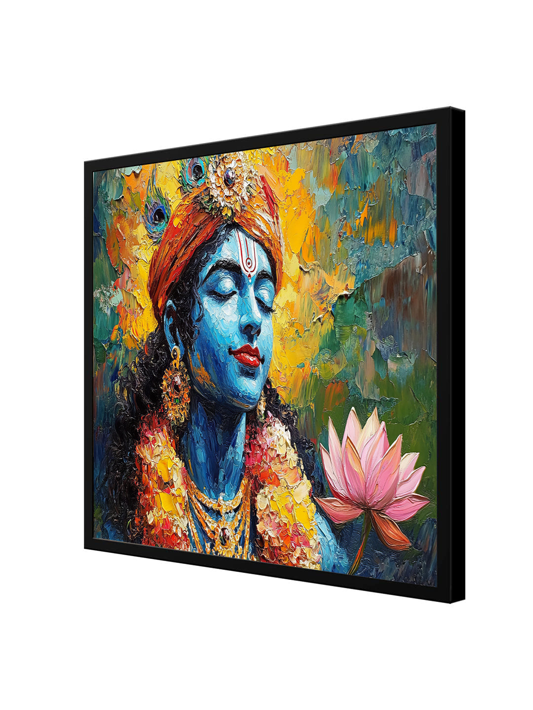 Lord Krishna Wall Painting For Living Room Big Size Black krishna Wall Decor for Bedroom, Office, Hotels - Peaceful Digital Painting Wooden Framed for Gifting Spiritual Canvas  Wall Art Black Frame Painting