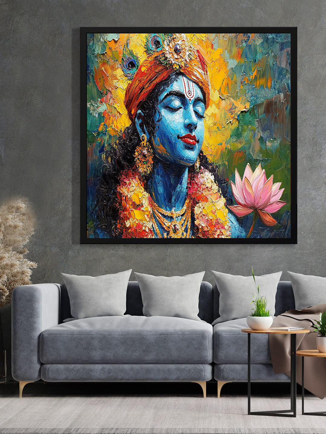 Lord Krishna Wall Painting For Living Room Big Size Black krishna Wall Decor for Bedroom, Office, Hotels - Peaceful Digital Painting Wooden Framed for Gifting Spiritual Canvas  Wall Art Black Frame Painting