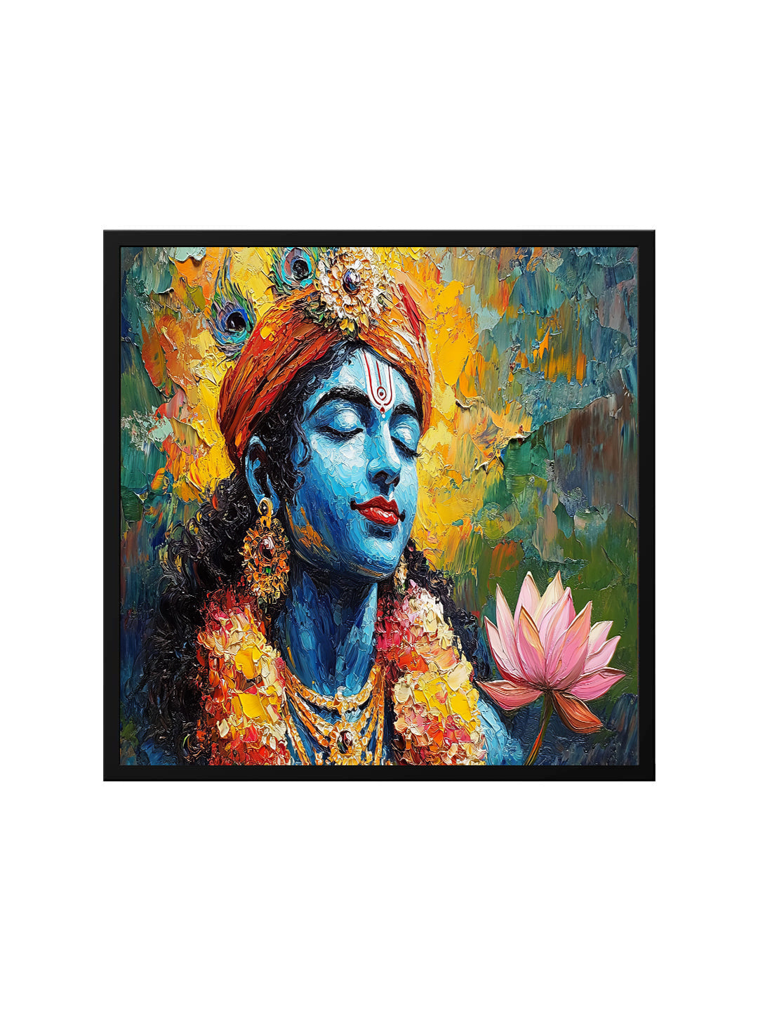 Lord Krishna Wall Painting For Living Room Big Size Black krishna Wall Decor for Bedroom, Office, Hotels - Peaceful Digital Painting Wooden Framed for Gifting Spiritual Canvas  Wall Art Black Frame Painting