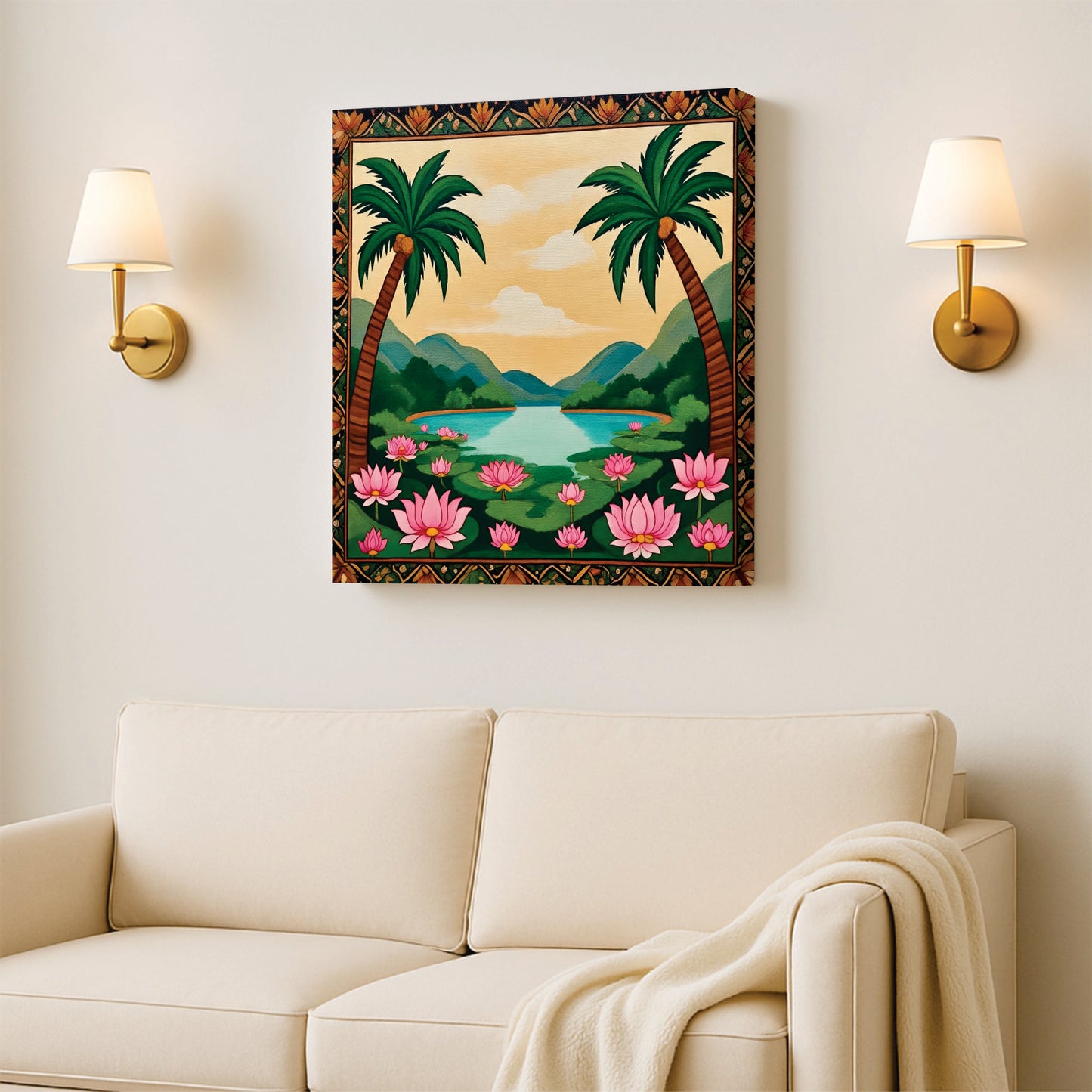 Tropical Lotus Lake Canvas Wall Art Stretched Frame – Digital Painting