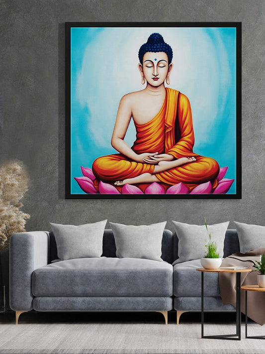 Meditative Calm: Buddha in Orange Canvas WAll Art Black Frame Painting
