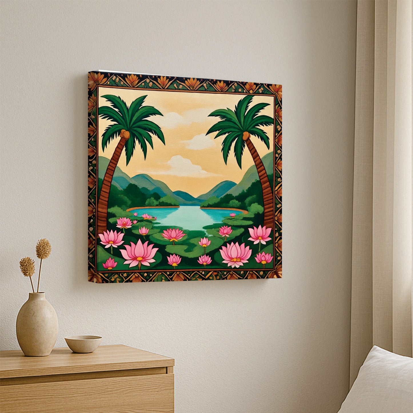 Tropical Lotus Lake Canvas Wall Art Stretched Frame – Digital Painting