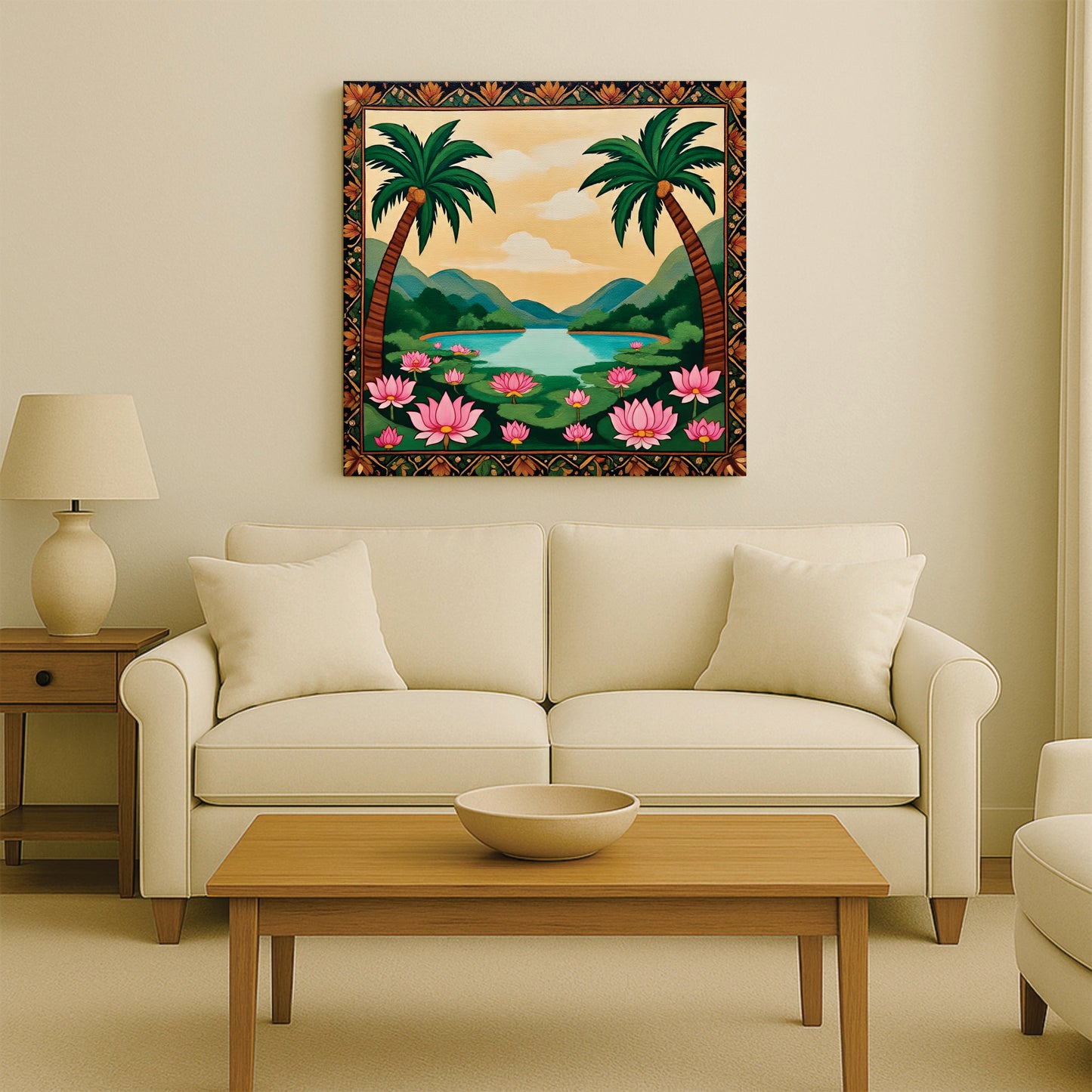 Tropical Lotus Lake Canvas Wall Art Stretched Frame – Digital Painting