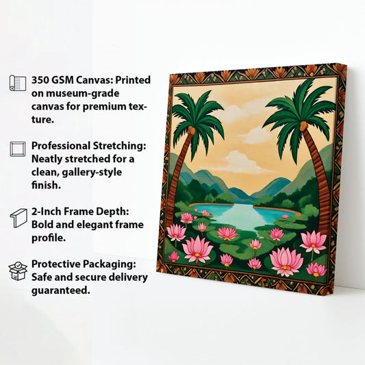 Tropical Lotus Lake Canvas Wall Art Stretched Frame – Digital Painting