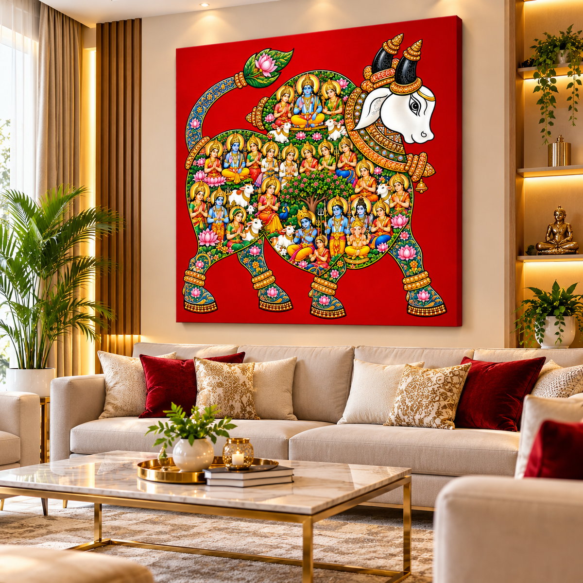 Sacred Nandi Canvas Painting – Traditional Indian Spiritual Wall Art Inspired by Hindu Heritage
